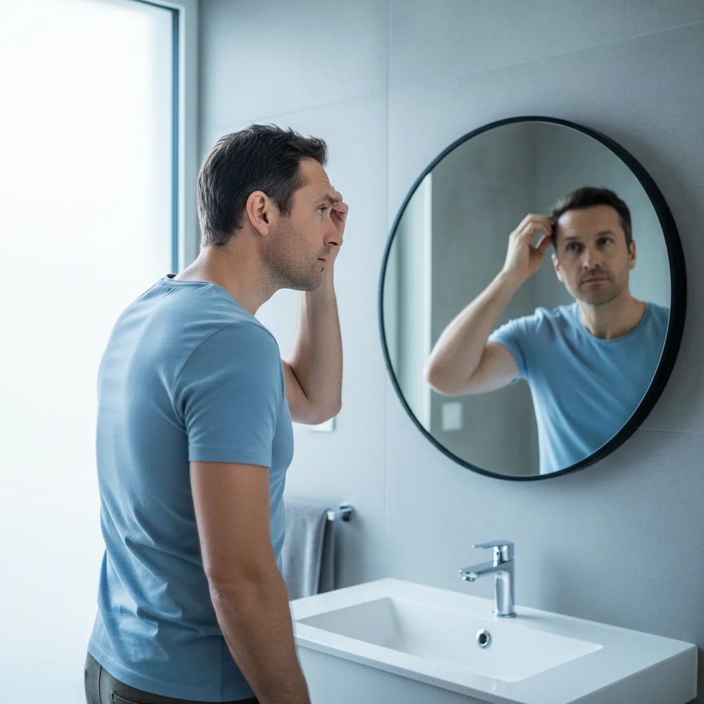 A calm male patient with a receding hairline sits comfortably in a brightly lit consultation room while a physician reviews his treatment plan on a tablet.