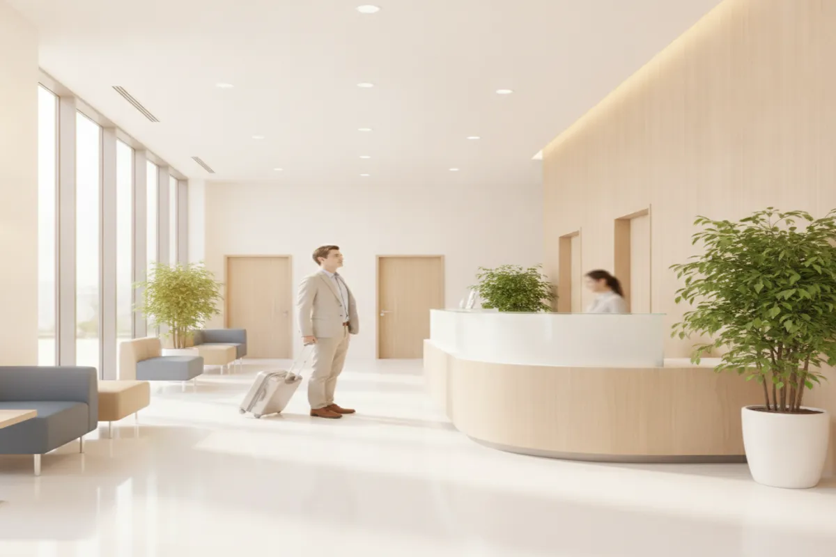 A medical traveller with a suitcase in the bright lobby of a modern hair-transplant clinic abroad.