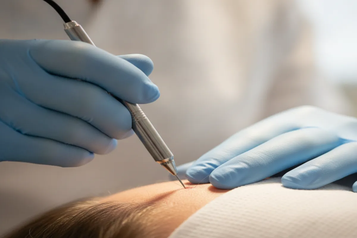 A gloved surgeon using a fine hair-transplant implanter pen on a patient's scalp during an FUE procedure.