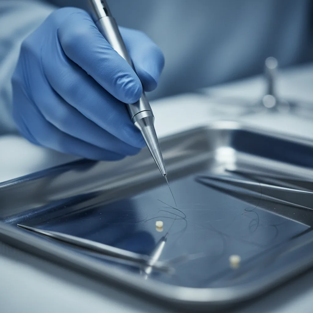 A calm male patient sits in a brightly lit consultation room, reviewing a detailed hair transplant cost breakdown on a tablet with a medical professional.