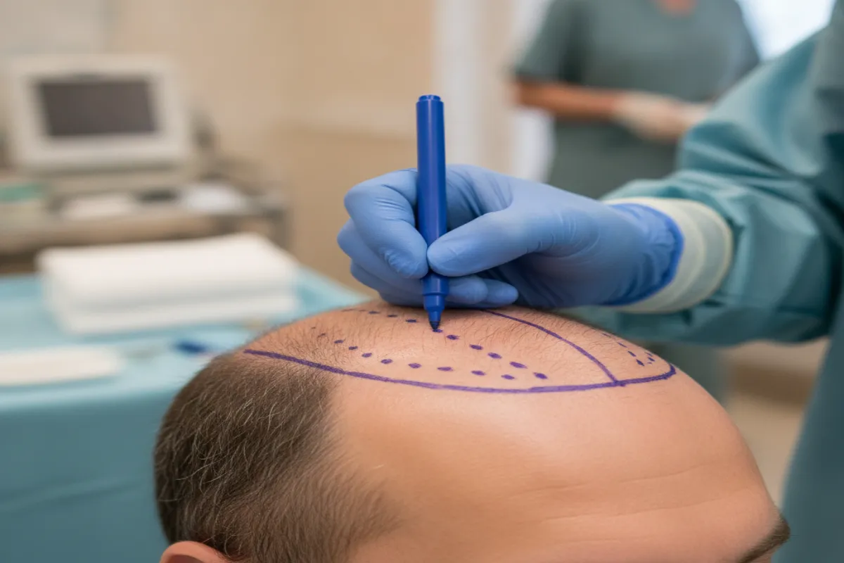 A surgeon drawing a planned hairline on a male patient's scalp with a surgical marker to map the grafts needed.
