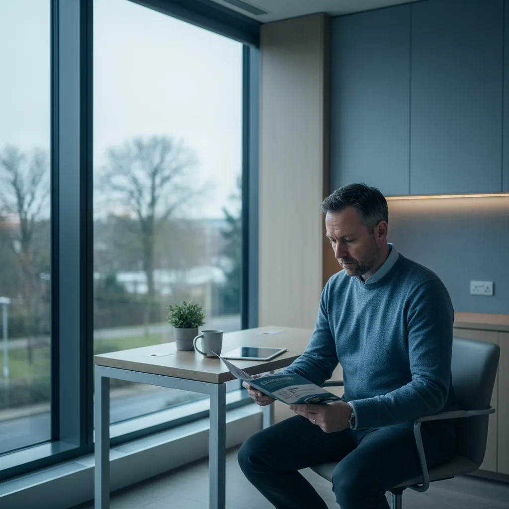 A calm, realistic middle-aged man with a neatly trimmed beard sits in a bright, modern consultation room, discussing his hair restoration options with a male doctor.