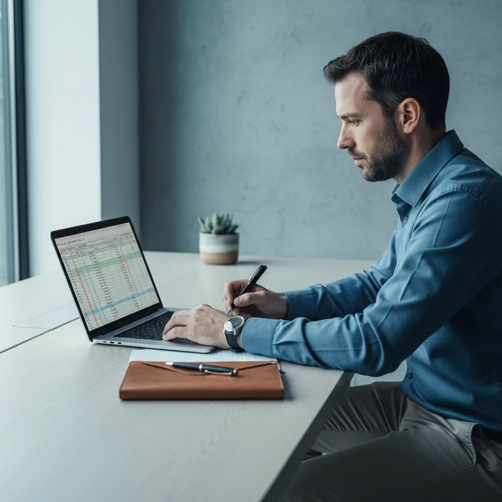A calm man sits at a modern clinic desk, reviewing a printed financing agreement with a patient coordinator.