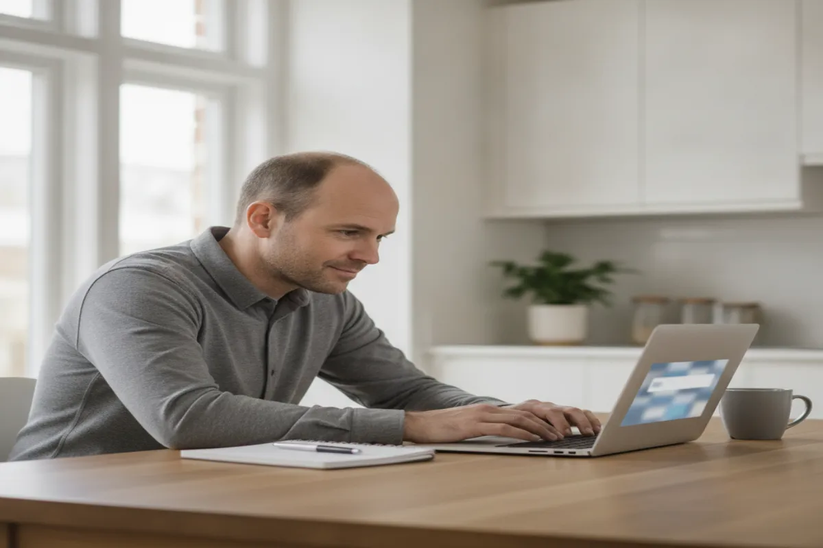 A man carefully researching hair-transplant clinics on a laptop at home, weighing the warning signs.