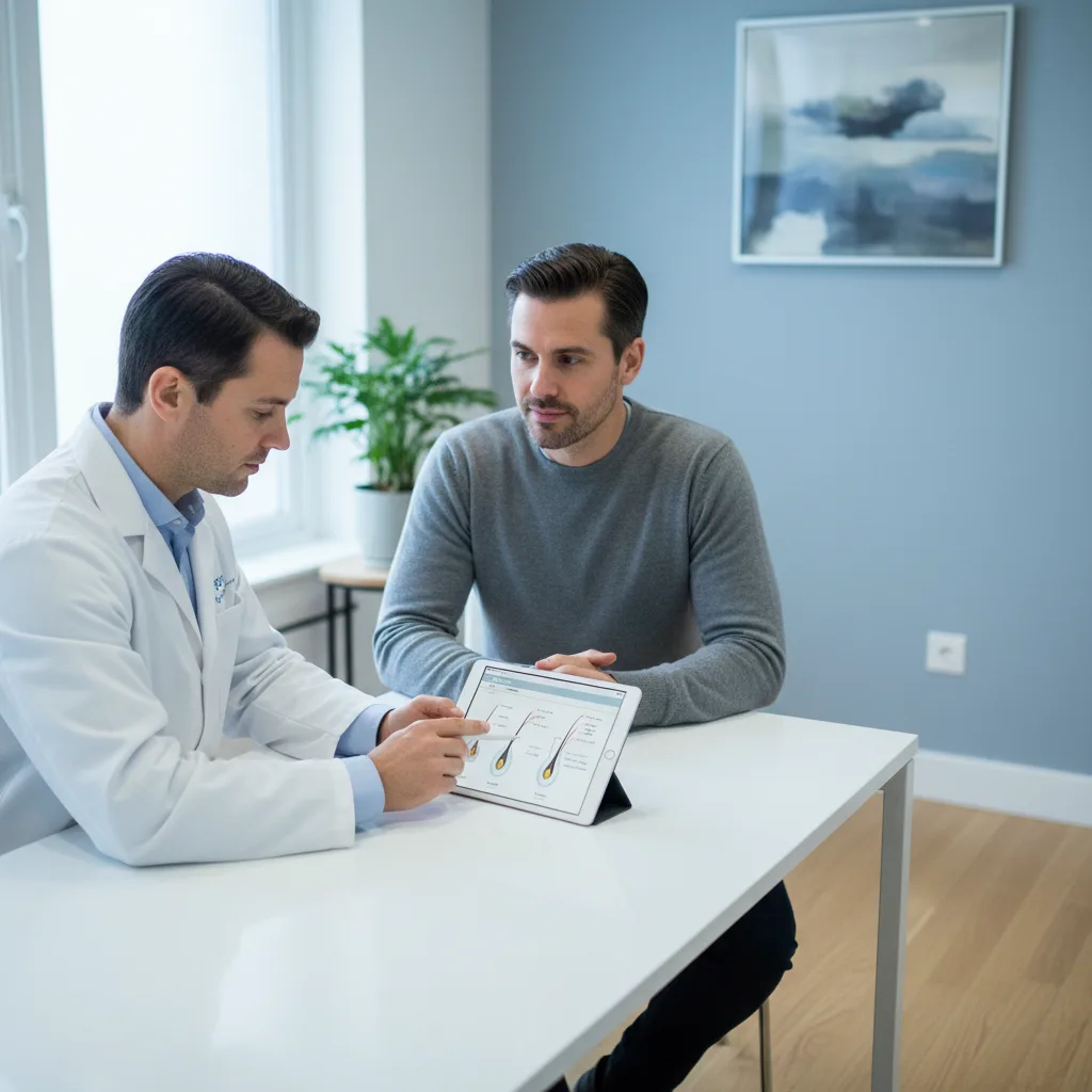 A calm man reviewing a hair transplant treatment plan on a tablet with a surgeon in a bright, modern Istanbul clinic.